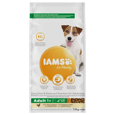IAMS for Vitality Adult 1+ S/M <25kg, tuore kana, 12 kg. Pakkauksessa maininta: 82 % eläinproteiinia, terveet hampaat, hyvä ruoansulatus, vahvat lihakset.