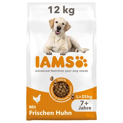 IAMS krmivo pro psy, 12 kg, s čerstvým kuřetem, pro psy od 7 let a nad 25 kg. 100% kompletní a vyvážená výživa.