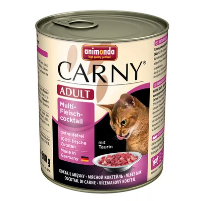 Konzerva animonda Carny Adult Multi-Fleischcocktail, getreidefrei, 100% frische Zutaten, Made in Germany, mit Taurin, hmotnost 800 g, obrázek kočky a misky s masem na obalu.