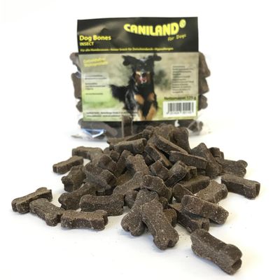 Snack per cani Caniland Dog Bones Insect, confezione da 175 g con ossi marroni visibili davanti alla busta. Testo in inglese e tedesco sulla confezione.