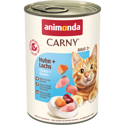 animonda Carny Adult 1+ Kana + Lohi. 100 % tuoreita ainesosia, korkea eläinproteiinipitoisuus, ilman lisättyä viljaa ja sokeria.