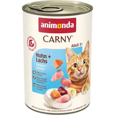 animonda Carny Adult 1+ Kana + Lohi. 100 % tuoreita ainesosia, korkea eläinproteiinipitoisuus, ilman lisättyä viljaa ja sokeria. animonda Carny Adult 1+ Kana + Lohi. 100 % tuoreita ainesosia, korkea eläinproteiinipitoisuus, ilman lisättyä viljaa ja sokeria.