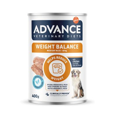 Advance Veterinary Diets Weight Balance Mini <10kg mit Huhn, 400g. Hilft bei der Gewichtsreduktion. Abbildung von Futterstücken und einem Hund.