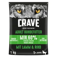 CRAVE Adult Hundefutter, min. 60% dierlijke ingrediënten, hoog eiwitgehalte, zonder granen, met lam & rund, 1 kg, geschikt voor honden vanaf 1 jaar. Tekst deels in het Duits.