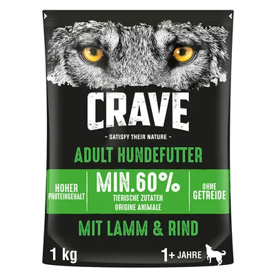 CRAVE Adult Hundefutter, min. 60 % tierische Zutaten, hoher Proteingehalt, ohne Getreide, mit Lamm & Rind, 1 kg, 1+ Jahre. Teksti saksaksi. CRAVE Adult Hundefutter, min. 60 % tierische Zutaten, hoher Proteingehalt, ohne Getreide, mit Lamm & Rind, 1 kg, 1+ Jahre. Teksti saksaksi.