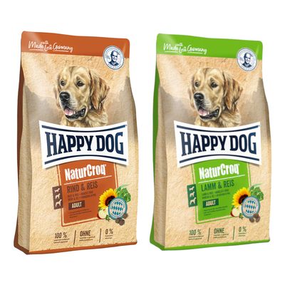 Due confezioni di crocchette Happy Dog NaturCroq Lamm & Reis Adult con simbolo percentuale rosso su sfondo giallo, offerta visibile sulla confezione.