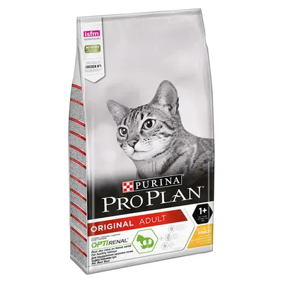 Purina Pro Plan Original Adult -kuivaruoka kissoille, 1+ vuotta, Optirenal, pääainesosa kana. Pakkauksessa harmaa kissan kuva ja merkinnät: isfm, No added, Riche en poulet.