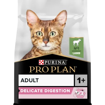 Purina Pro Plan Adult 1+ Delicate Digestion cat food, No1 ingredient lamb, visible on packaging with image of a cat and pink label for delicate digestion. Purina Pro Plan Adult 1+ Delicate Digestion cat food, No1 ingredient lamb, visible on packaging with image of a cat and pink label for delicate digestion.