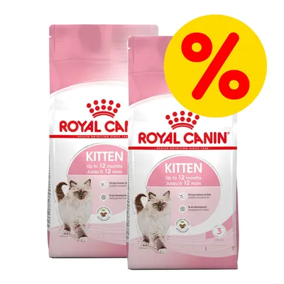 Royal Canin Kitten Trockenfutter für Katzen bis zu 12 Monaten, Doppelpack mit Rabatt-Symbol.