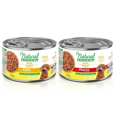 Natural Trainer con manzo, 12x150g. Small & Toy (1–10 kg), Adult (>10 mesi). Immagine di cibo per cani su piatto e parte di cane visibile sull'etichetta.