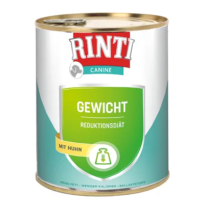 RINTI Canine GEWICHT REDUKTIONSDIÄT, MIT HUHN. Testo in tedesco sulla confezione: Wenig Fett, Weniger Kalorien, Ballaststoffe.