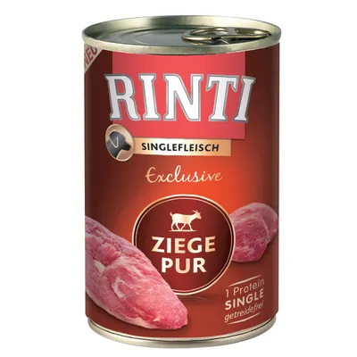 Konzerva Rinti Singlefleisch Exclusive Ziege Pur, nápisy: 1 Protein Single, getreidefrei. Vyobrazené kusy masa a silueta kozy. Konzerva Rinti Singlefleisch Exclusive Ziege Pur, nápisy: 1 Protein Single, getreidefrei. Vyobrazené kusy masa a silueta kozy.