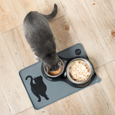 Grey cat eating from a bowl on a grey mat with a black cat motif. Second bowl contains shredded food. Cosma brand visible on the mat.