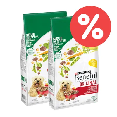 Purina Beneful Original mit Rind und Gartengemüse, neue Rezeptur, toller Geschmack. Zwei Packungen mit rotem Prozent-Symbol für Rabatt.
