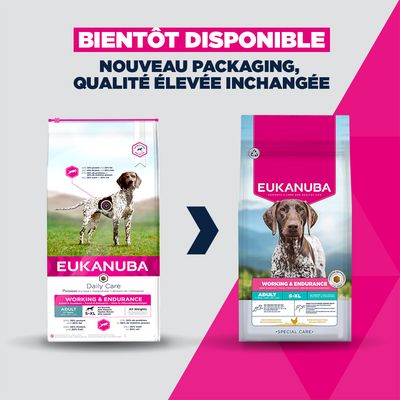 Sac de croquettes Eukanuba Daily Care Working & Endurance pour chien adulte, toutes races, 15 kg. Analyse : 30 % protéines, 20 % matières grasses. Indications S–XL, tous poids.