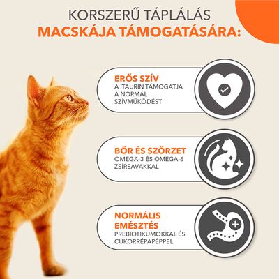 Korszerű táplálás macskája támogatására: erős szív – taurin, bőr és szőrzet – omega-3 és omega-6 zsírsavak, normális emésztés – prebiotikumok és cukorrépapép.