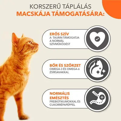Korszerű táplálás macskája támogatására: erős szív – taurin, bőr és szőrzet – omega-3 és omega-6 zsírsavak, normális emésztés – prebiotikumok és cukorrépapép.