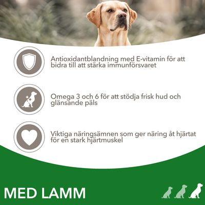 Antioxidantblandning med E-vitamin, omega 3 och 6 för hud och päls, samt näringsämnen för hjärtmuskeln. Text: MED LAMM.