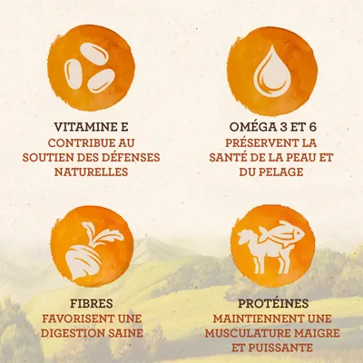 Vitamine E contribue au soutien des défenses naturelles, oméga 3 et 6 préservent la santé de la peau et du pelage, fibres favorisent une digestion saine, protéines maintiennent la musculature.