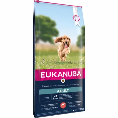 Eukanuba premium dry food for adult small and medium breed, 1-7 years, under 25kg. Rich in salmon and barley with a hint of spinach. 12kg bag. Eukanuba premium dry food for adult small and medium breed, 1-7 years, under 25kg. Rich in salmon and barley with a hint of spinach. 12kg bag.