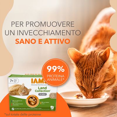 Testo: Per promuovere un invecchiamento sano e attivo. 99% proteina animale*. Confezione IAMS Land Collection per gatti 7+ anni, 12x85g. *Sul totale delle proteine.