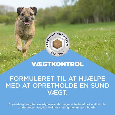 Premium Nutrition Est. 1969. VÆGTKONTROL. Udviklet til støtte for en sund vægt. Til små og mellemstore hunde.