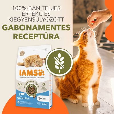 100%-ban teljes értékű és kiegyensúlyozott gabonamentes receptúra. IAMS Grain Free Recipe Ocean Fish 2,5 kg macskaeledel csomagolás, narancssárga-fehér cica jutalomfalatot kap.
