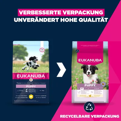 3 kg / 15 kg Eukanuba Premium Nutrition Puppy Medium Breed Huhn + 100 g Adult Medium Huhn gratis! 3 kg / 15 kg Eukanuba Premium Nutrition Puppy Medium Breed Huhn + 100 g Adult Medium Huhn gratis!