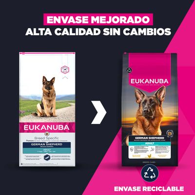 Eukanuba German Shepherd Adult Comida para perros: nuevo diseño de envase reciclable, misma alta calidad. Texto: Envase mejorado, alta calidad sin cambios, envase reciclable.