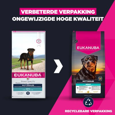 Vergelijking van de oude en nieuwe Eukanuba Rottweiler Adult verpakking met een verwijzing naar de verbeterde, recyclebare verpakking en de ongewijzigde hoge kwaliteit.