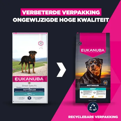Vergelijking van de oude en nieuwe Eukanuba Rottweiler Adult verpakking met een verwijzing naar de verbeterde, recyclebare verpakking en de ongewijzigde hoge kwaliteit. Vergelijking van de oude en nieuwe Eukanuba Rottweiler Adult verpakking met een verwijzing naar de verbeterde, recyclebare verpakking en de ongewijzigde hoge kwaliteit.