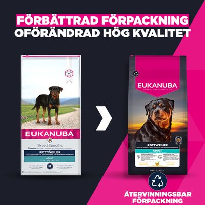 Eukanuba Rottweiler Adult: Jämförelse mellan gammal och ny förpackning, förbättrad återvinningsbar förpackning, oförändrat hög kvalitet.