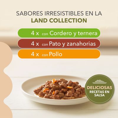Sabores irresistibles en la Land Collection: 4 x cordero y ternera, 4 x pato y zanahorias, 4 x pollo. Deliciosas recetas en salsa.
