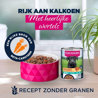 Eukanuba natvoer, rijk aan kalkoen met wortelen, graanvrije receptuur. Bevat bètacaroteen. Afgebeeld: voerbak met voer en blik.