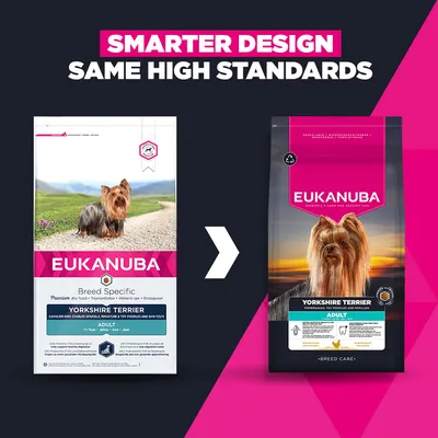 Eukanuba Yorkshire Terrier Adult suché krmivo: Porovnanie starej a novej obalu, rovnaká kvalita, nový dizajn.