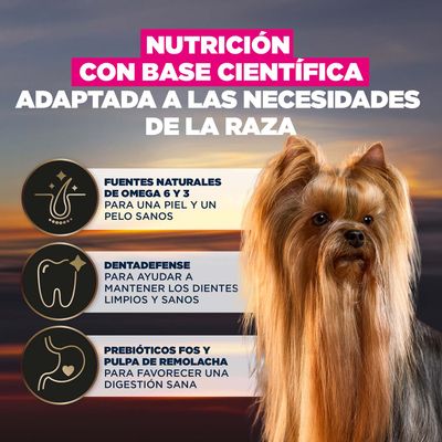 Nutrición basada en la ciencia, adaptada a la raza. Fuentes naturales de omega-6 y omega-3, cuidado dental, prebióticos fructo-oligosacáridos y pulpa de remolacha para una digestión saludable.
