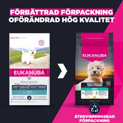 Eukanuba West Highland White Terrier Adult. Jämförelse mellan gammal och ny förpackning, återvinningsbar förpackning, oförändrat hög kvalitet.
