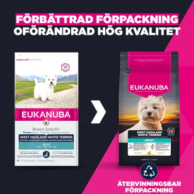 Eukanuba West Highland White Terrier Adult. Jämförelse mellan gammal och ny förpackning, återvinningsbar förpackning, oförändrat hög kvalitet.