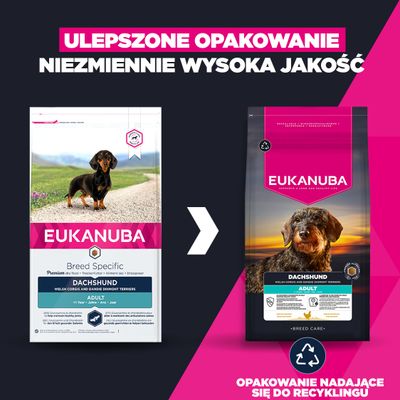 Eukanuba Dachshund Adult karma dla psów: porównanie starego i nowego wyglądu opakowania, informacja o opakowaniu nadającym się do recyklingu.