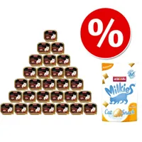 Zestaw: 21 tacek Animonda Vom Feinsten Adult dla kota oraz opakowanie przysmaków animonda Milkies Cat Snack Anti Hairball. Widoczny symbol procentu oznaczający promocję.