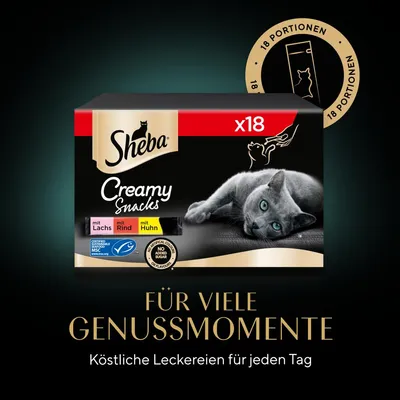 Sheba Creamy Snacks x18 mit Lachs, Rind und Huhn. Ohne Zuckerzusatz. Für viele Genussmomente. Köstliche Leckereien für jeden Tag.
