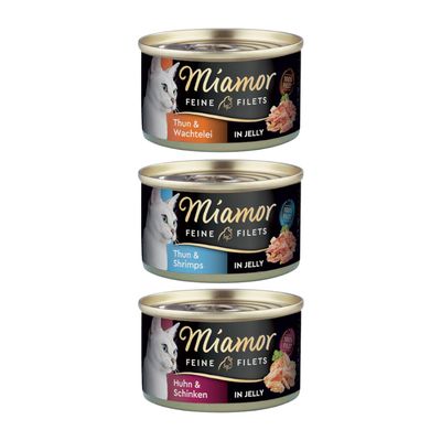 Boîtes de nourriture pour chat Miamor Feine Filets, visible : In Jelly mit Huhn & Reis. Texte en allemand sur pastille orange : Jetzt testen!