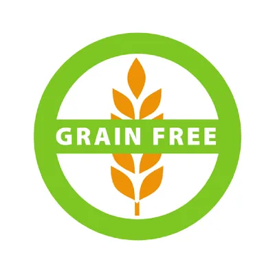 Grain Free. Символ със зелен кръг и оранжев мотив на житни класове, обозначаващ продукти без зърнени храни.
