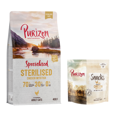 Purizon Chicken with Fish para gatos adultos, 400 g. Snacks Purizon Chicken with Fish, 40 g. 70 % pollo y pescado, 30 % fruta y verdura, 0 % cereales añadidos. Oferta con símbolo de porcentaje.