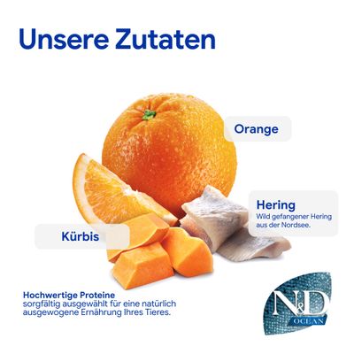 Unsere Zutaten: Orange, Kürbis, Hering. Hochwertige Proteine sorgfältig ausgewählt für eine natürlich ausgewogene Ernährung Ihres Tieres. N&D Ocean.