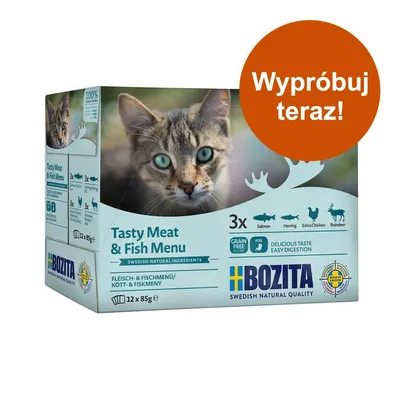 Bozita Tasty Meat & Fish Menu, 12 x 85 g. Widoczne smaki: łosoś, śledź, kurczak, renifer. Napis: Wypróbuj teraz! Bozita Tasty Meat & Fish Menu, 12 x 85 g. Widoczne smaki: łosoś, śledź, kurczak, renifer. Napis: Wypróbuj teraz!