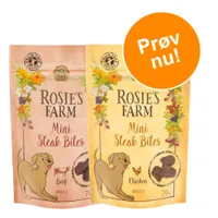 Rosie's Farm Mini Steak Bites Beef og Chicken, Adult, 70 g poser. Kornfri opskrift. Orange cirkel med teksten 'Prøv nu!'.