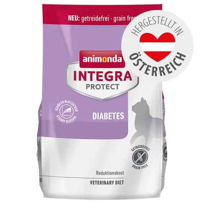 animonda INTEGRA PROTECT DIABETES kattenvoer, getreidefrei, stabieler blutzucker, hergestellt in Österreich, veterinary diet, reductiekost. Paars-witte verpakking met kat-silhouet.