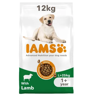 12kg bag, 100% complete and balanced nutrition with lamb, suitable for over 25kg, 1+ year. Advanced nutrition your dog needs.