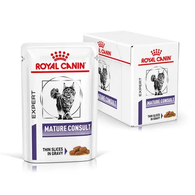 Sachet et boîte Royal Canin Expert Mature Consult, illustration de chat, texte visible : Thin Slices in Gravy. Marque et nom du produit clairement affichés sur l’emballage.